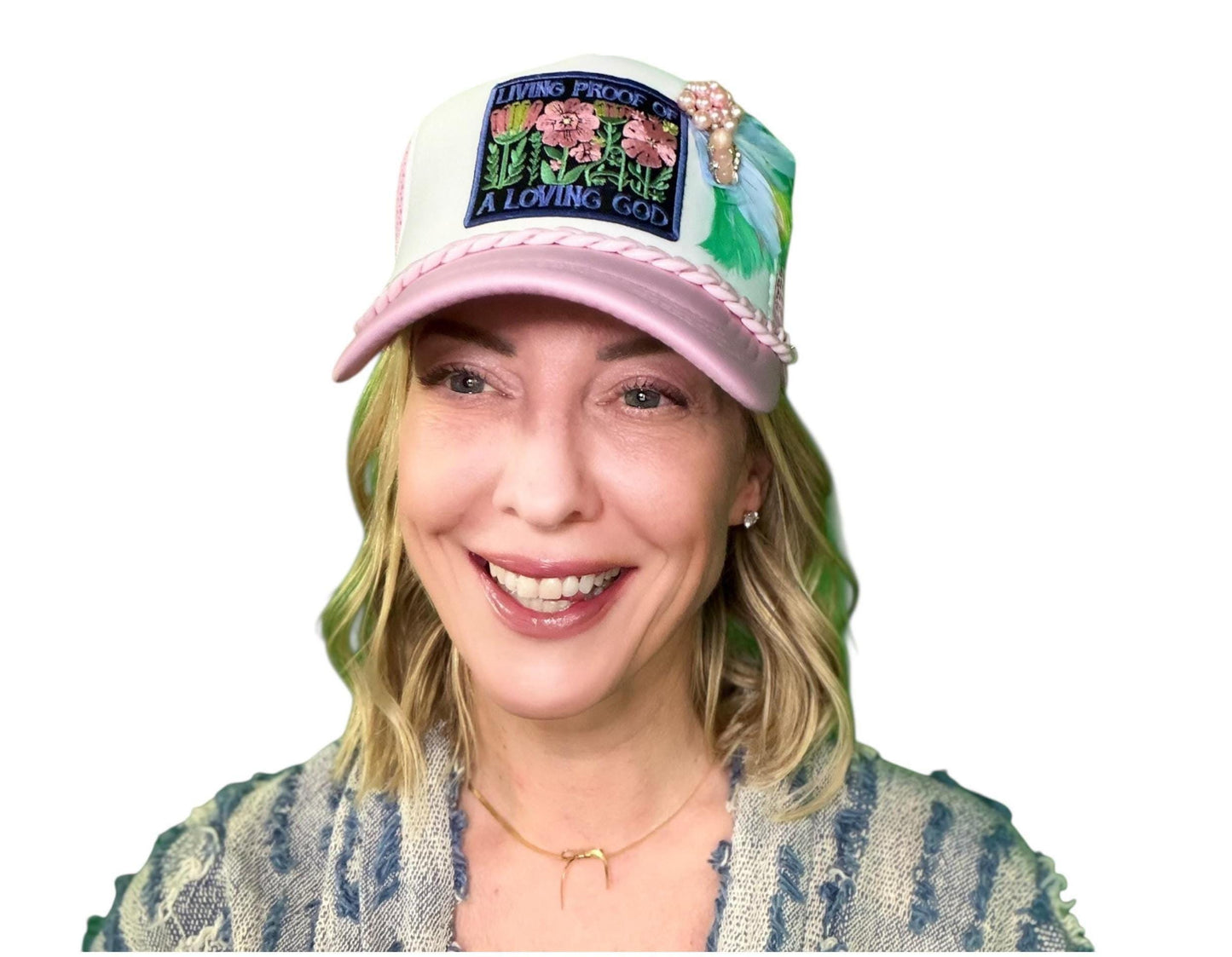 NEW Style Statement “LIVING PROOF” Patchwork Jeweled Avant-Garde Fashionable Trucker Hat