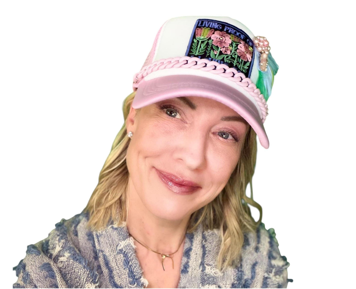NEW Style Statement “LIVING PROOF” Patchwork Jeweled Avant-Garde Fashionable Trucker Hat
