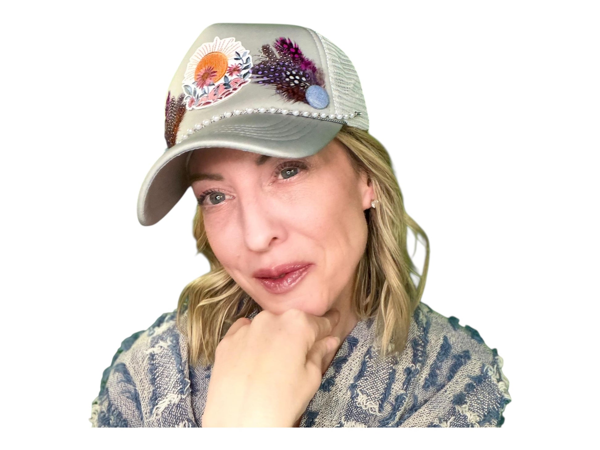 NEW Style Statement “SUNSET VIEWS” Patchwork Jeweled Trucker Hat