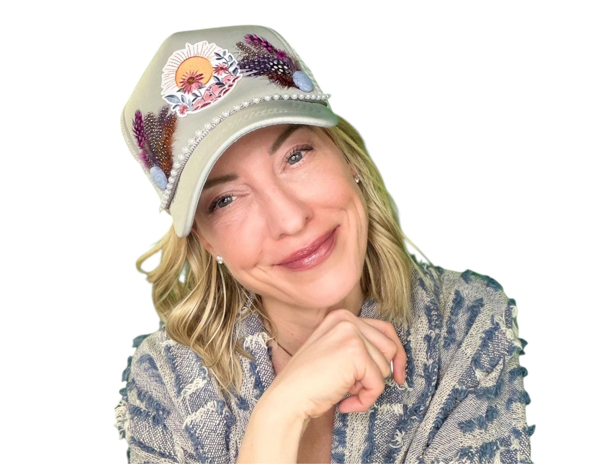 NEW Style Statement “SUNSET VIEWS” Patchwork Jeweled Trucker Hat