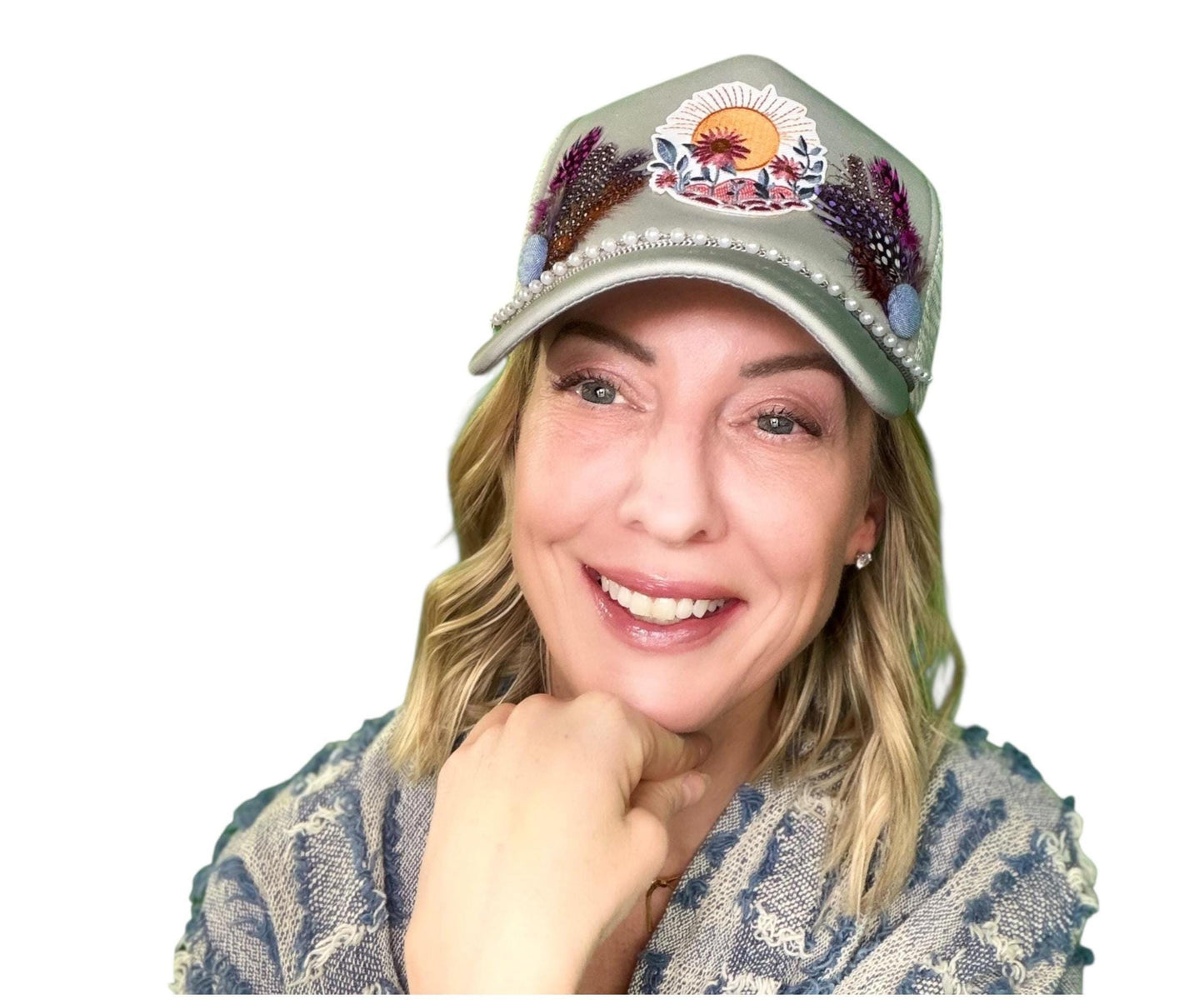 NEW Style Statement “SUNSET VIEWS” Patchwork Jeweled Trucker Hat