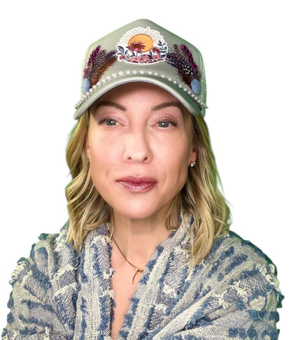 NEW Style Statement “SUNSET VIEWS” Patchwork Jeweled Trucker Hat