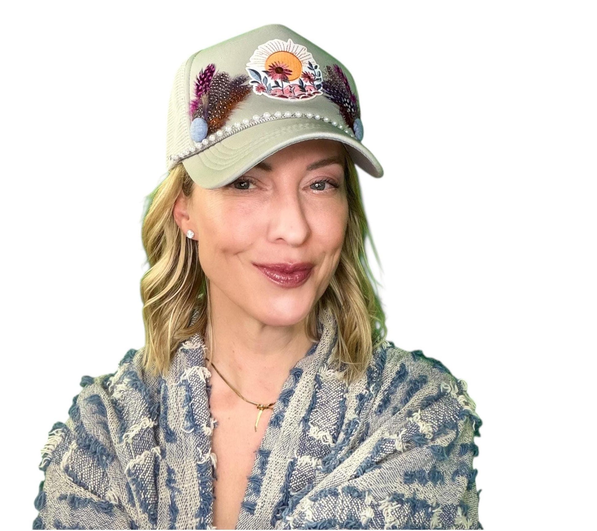 NEW Style Statement “SUNSET VIEWS” Patchwork Jeweled Trucker Hat