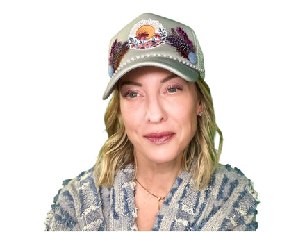 NEW Style Statement “SUNSET VIEWS” Patchwork Jeweled Trucker Hat