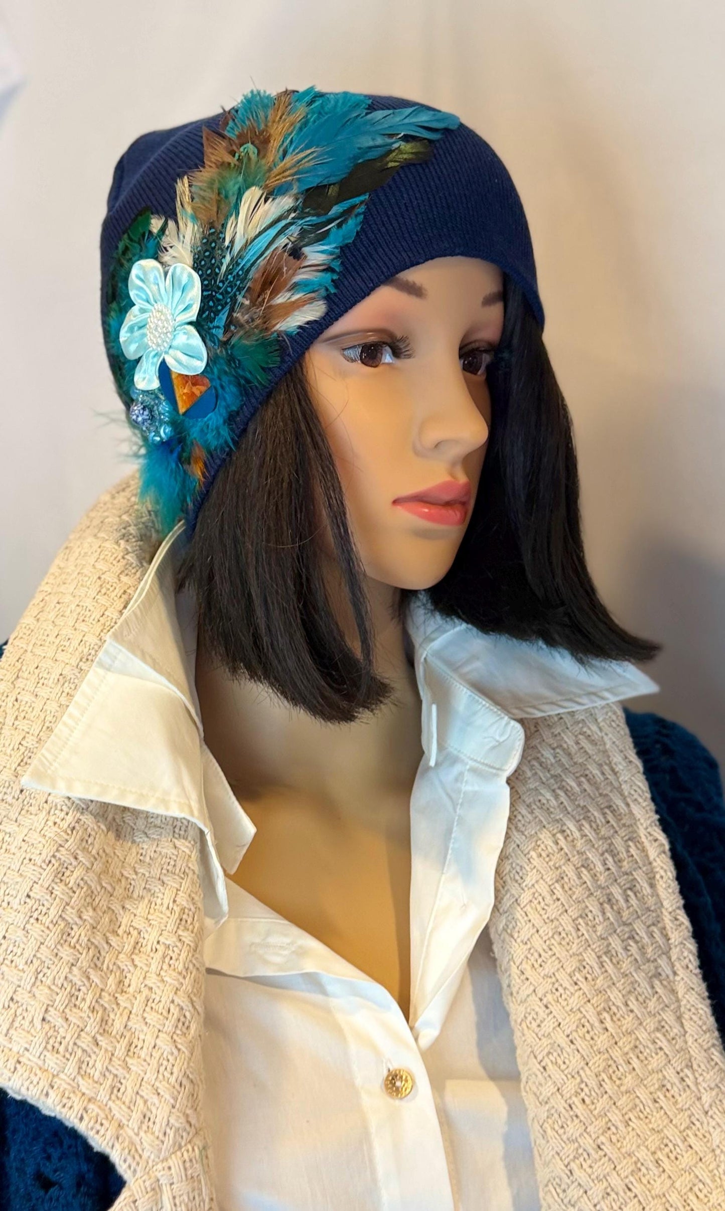 Fancy Feathered Jeweled Knit Hat - Vintage Floral Winter Flapper Beanie - Luxury Skiing Hat