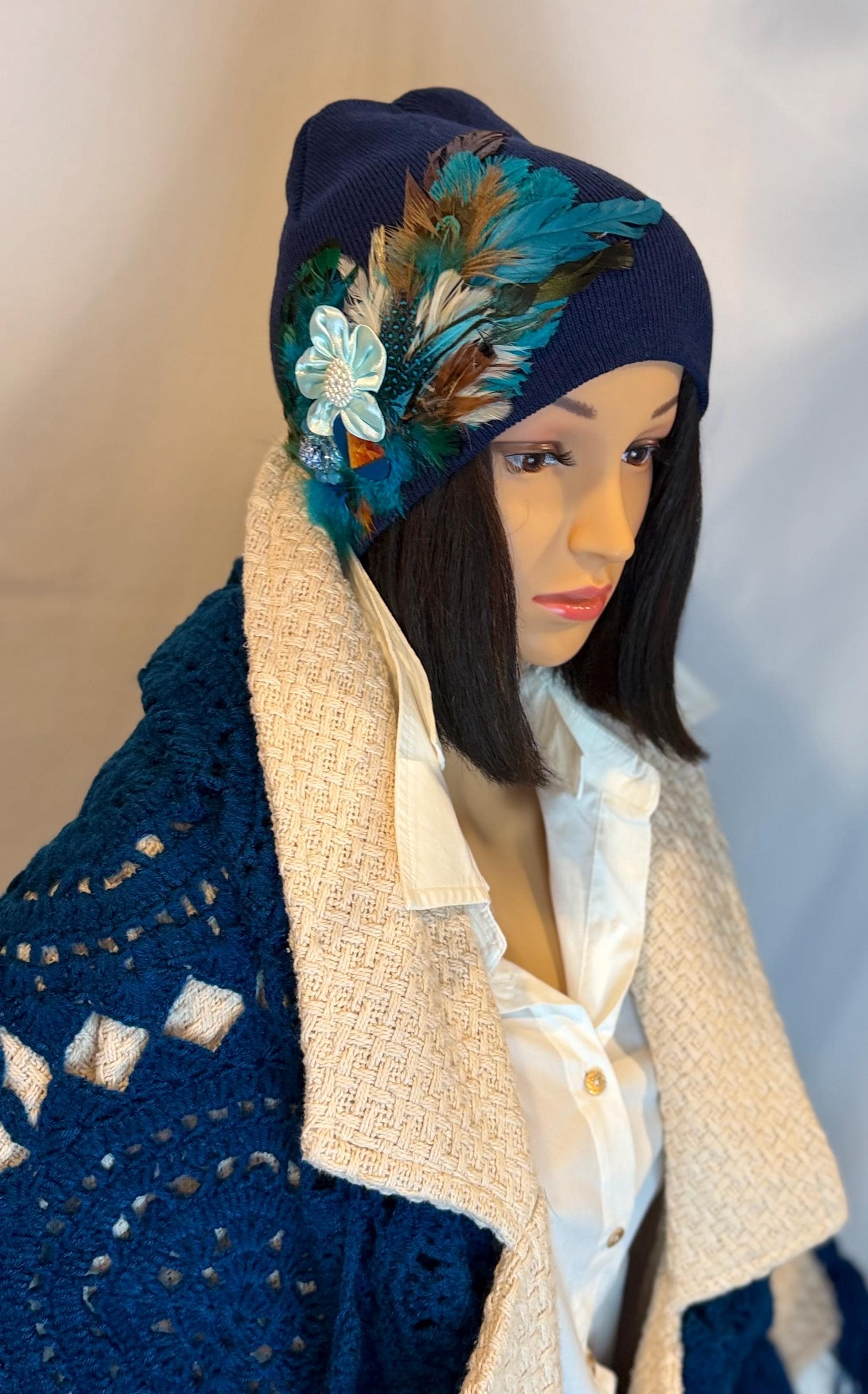 Fancy Feathered Jeweled Knit Hat - Vintage Floral Winter Flapper Beanie - Luxury Skiing Hat