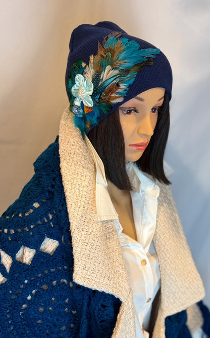Fancy Feathered Jeweled Knit Hat - Vintage Floral Winter Flapper Beanie - Luxury Skiing Hat
