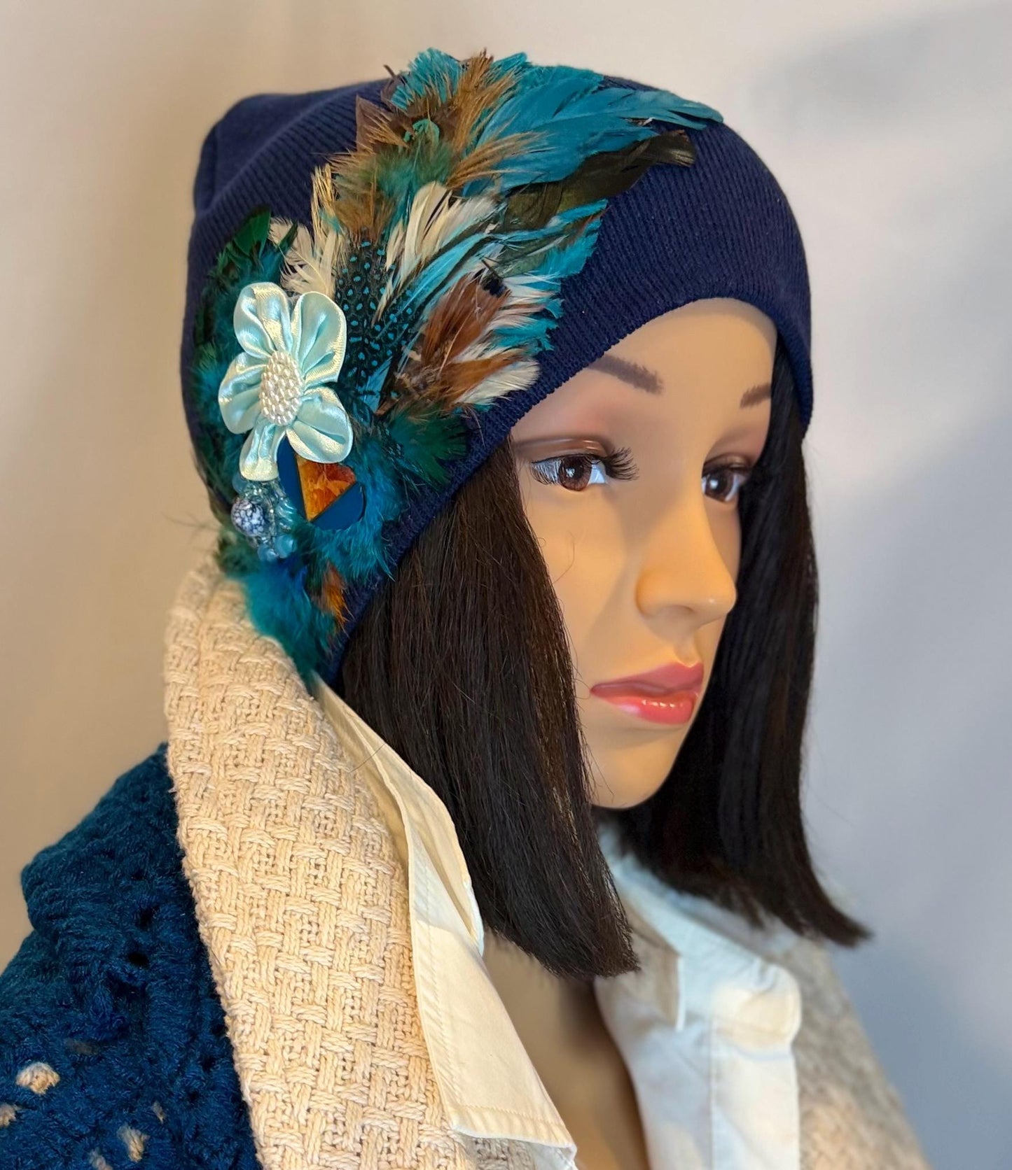 Fancy Feathered Jeweled Knit Hat - Vintage Floral Winter Flapper Beanie - Luxury Skiing Hat