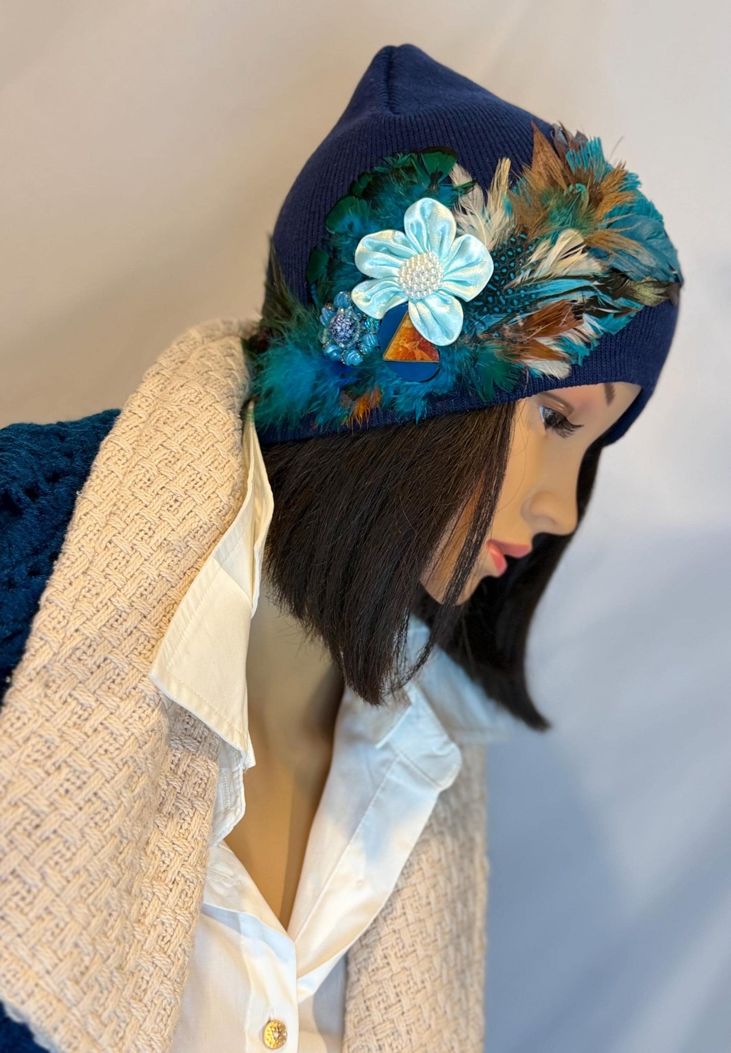 Fancy Feathered Jeweled Knit Hat - Vintage Floral Winter Flapper Beanie - Luxury Skiing Hat
