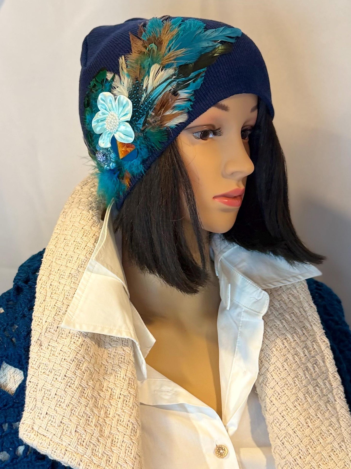 Fancy Feathered Jeweled Knit Hat - Vintage Floral Winter Flapper Beanie - Luxury Skiing Hat