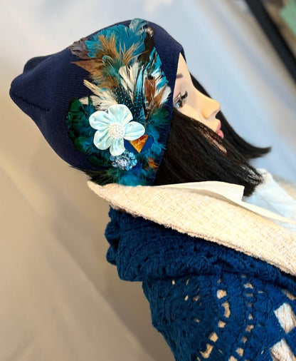 Fancy Feathered Jeweled Knit Hat - Vintage Floral Winter Flapper Beanie - Luxury Skiing Hat