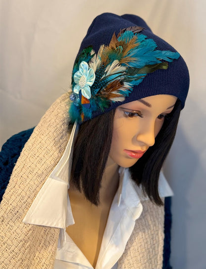 Fancy Feathered Jeweled Knit Hat - Vintage Floral Winter Flapper Beanie - Luxury Skiing Hat