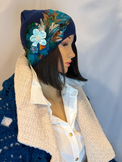 Fancy Feathered Jeweled Knit Hat - Vintage Floral Winter Flapper Beanie - Luxury Skiing Hat