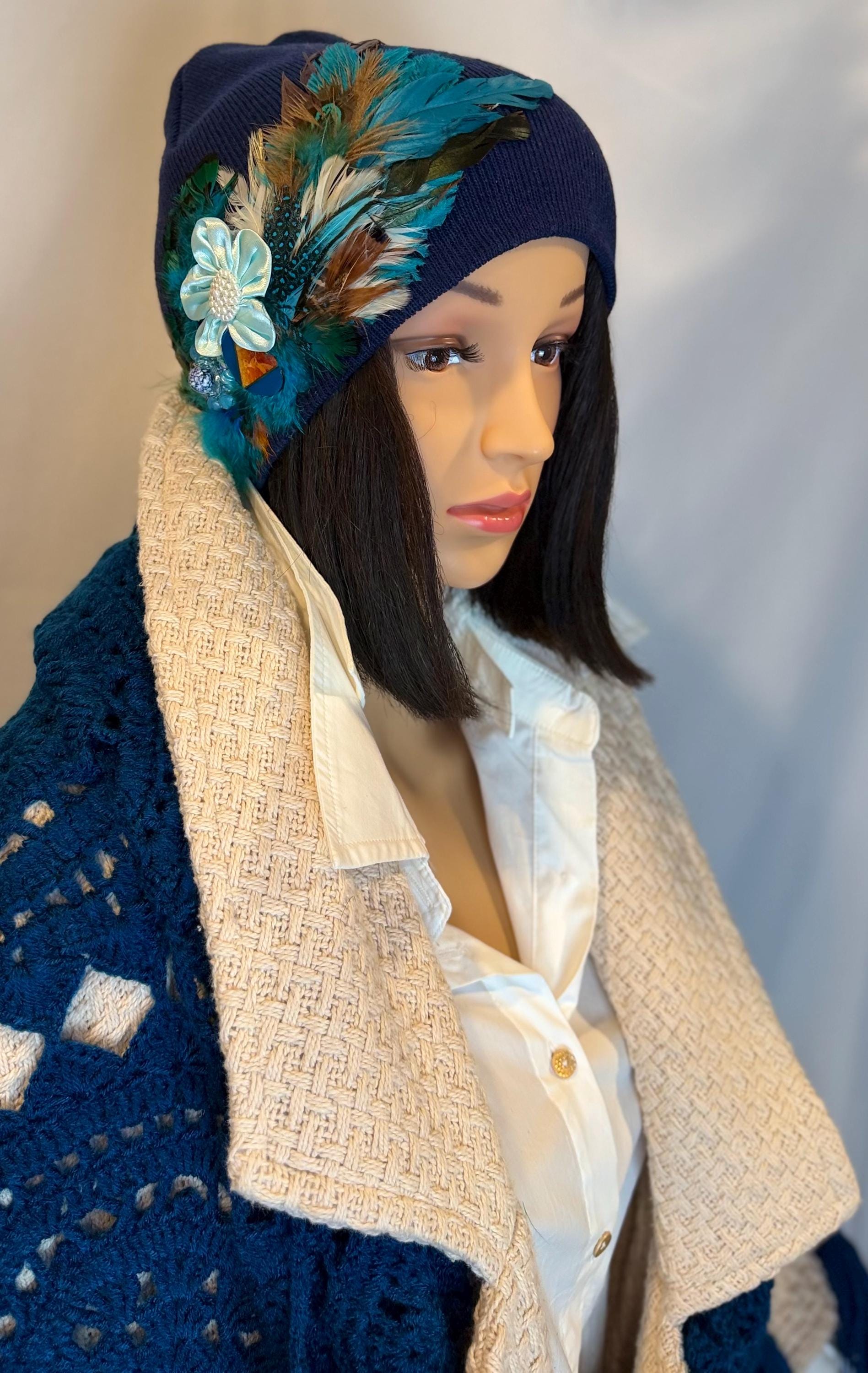 Fancy Feathered Jeweled Knit Hat - Vintage Floral Winter Flapper Beanie - Luxury Skiing Hat