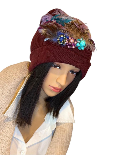Unique Sparkly Flapper Beanie - Embellished Vintage Jeweled - Feathered Winter Knit Hat,