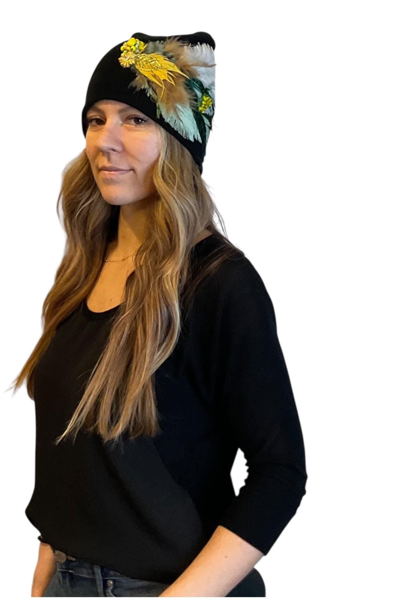 Golden Afternoon Stroll - Black Vintage Embellished Jeweled & Feathered Boho Knit Sparkly Winter Flapper Style Hat