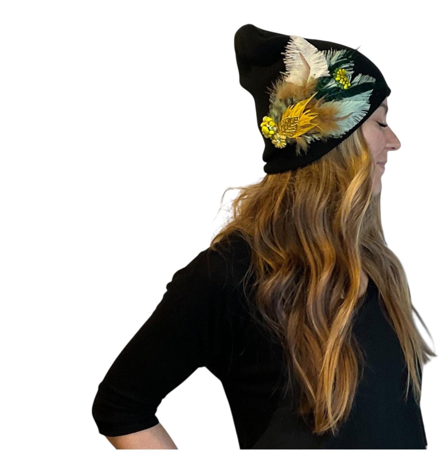 Golden Afternoon Stroll - Black Vintage Embellished Jeweled & Feathered Boho Knit Sparkly Winter Flapper Style Hat