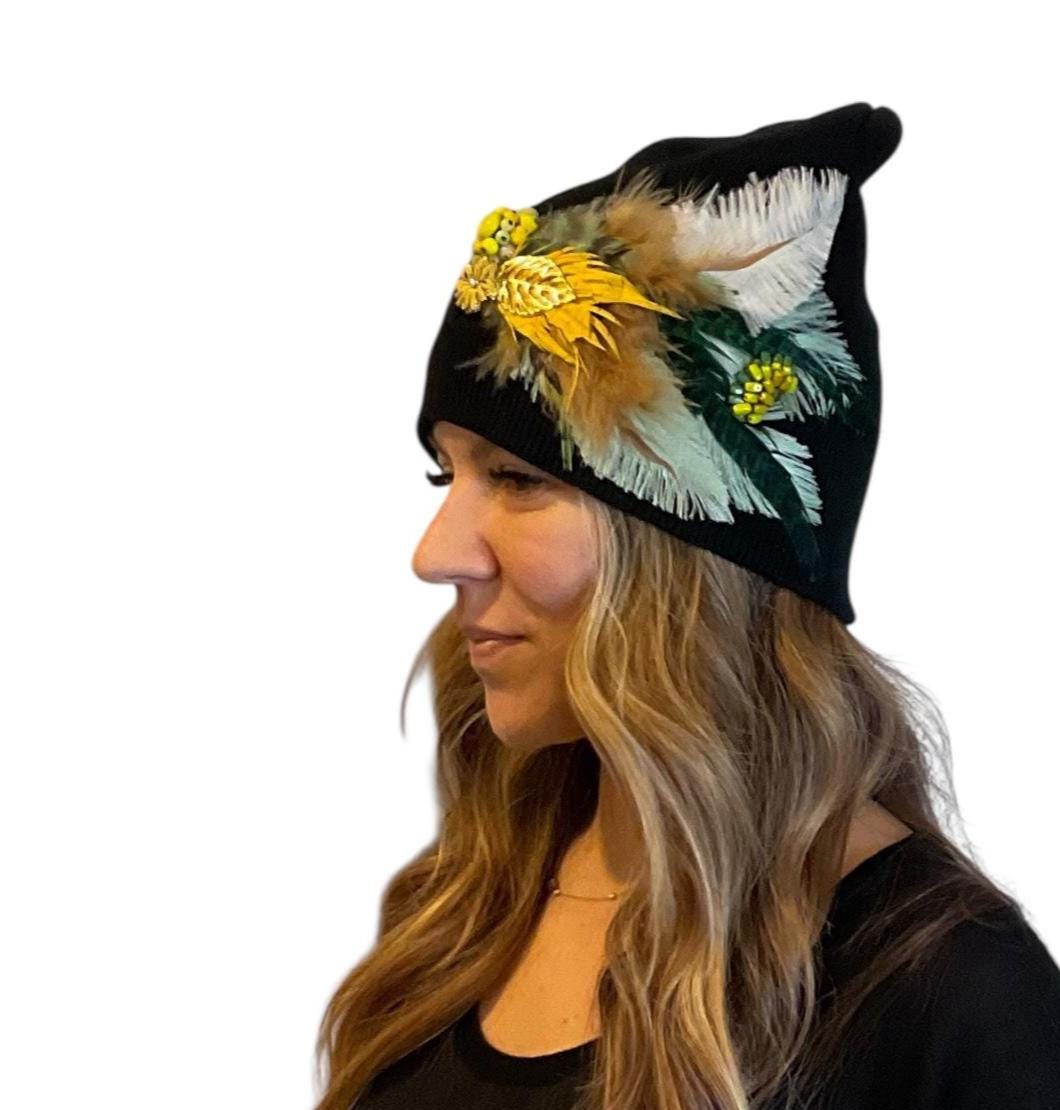 Golden Afternoon Stroll - Black Vintage Embellished Jeweled & Feathered Boho Knit Sparkly Winter Flapper Style Hat