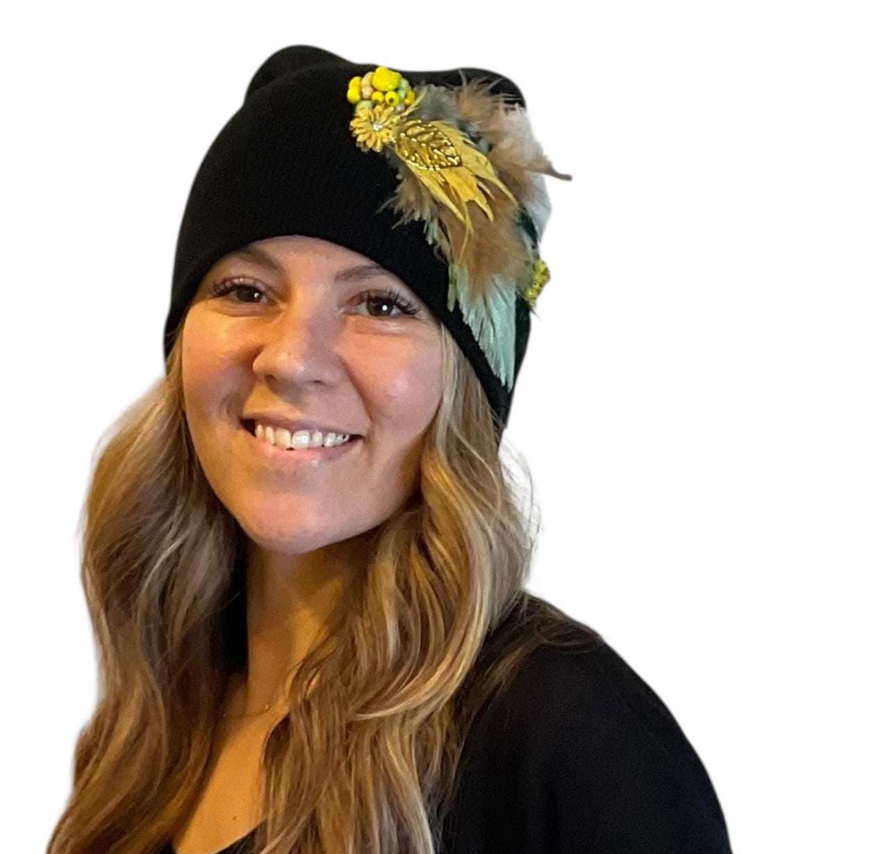 Golden Afternoon Stroll - Black Vintage Embellished Jeweled & Feathered Boho Knit Sparkly Winter Flapper Style Hat