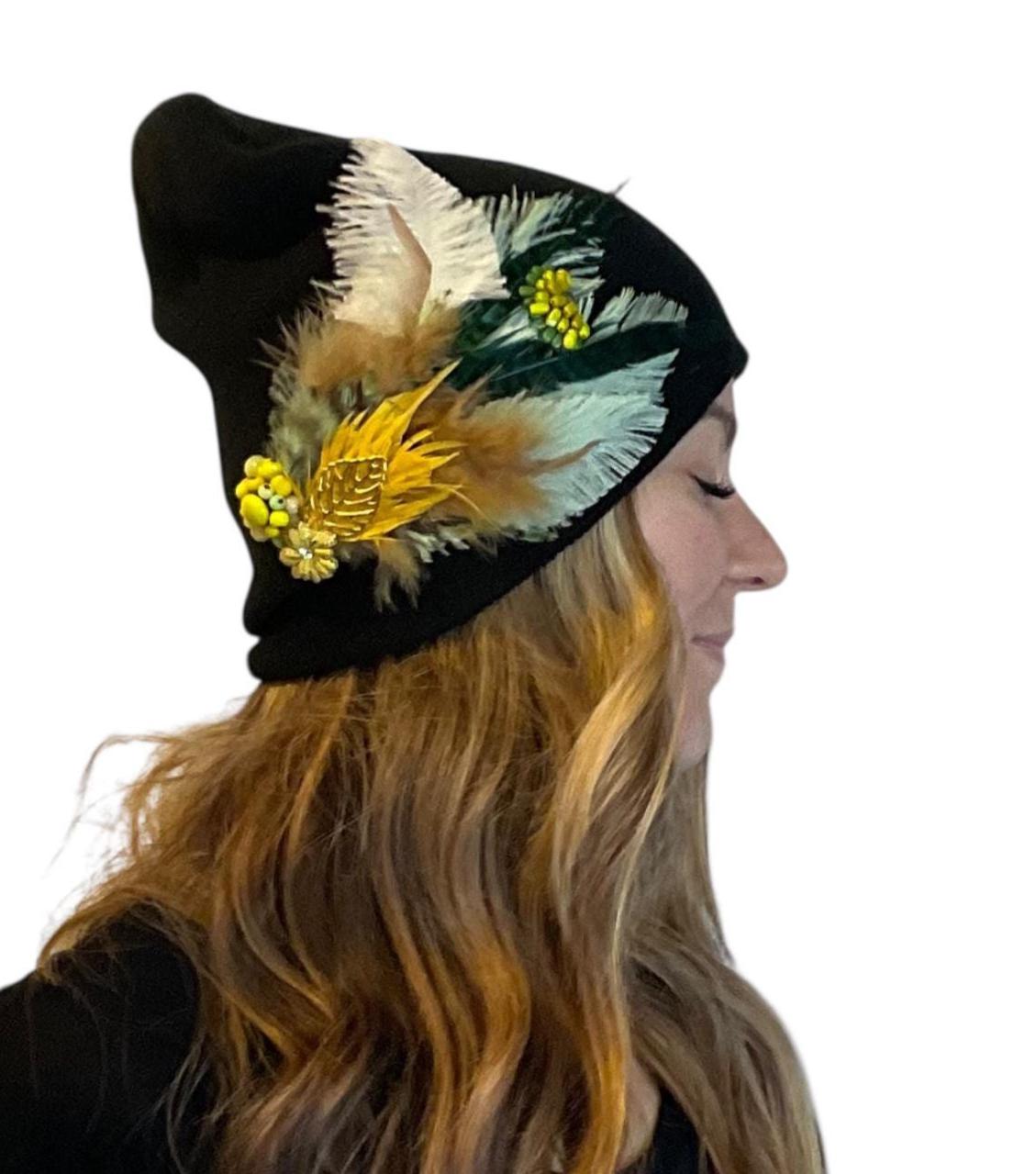 Golden Afternoon Stroll - Black Vintage Embellished Jeweled & Feathered Boho Knit Sparkly Winter Flapper Style Hat