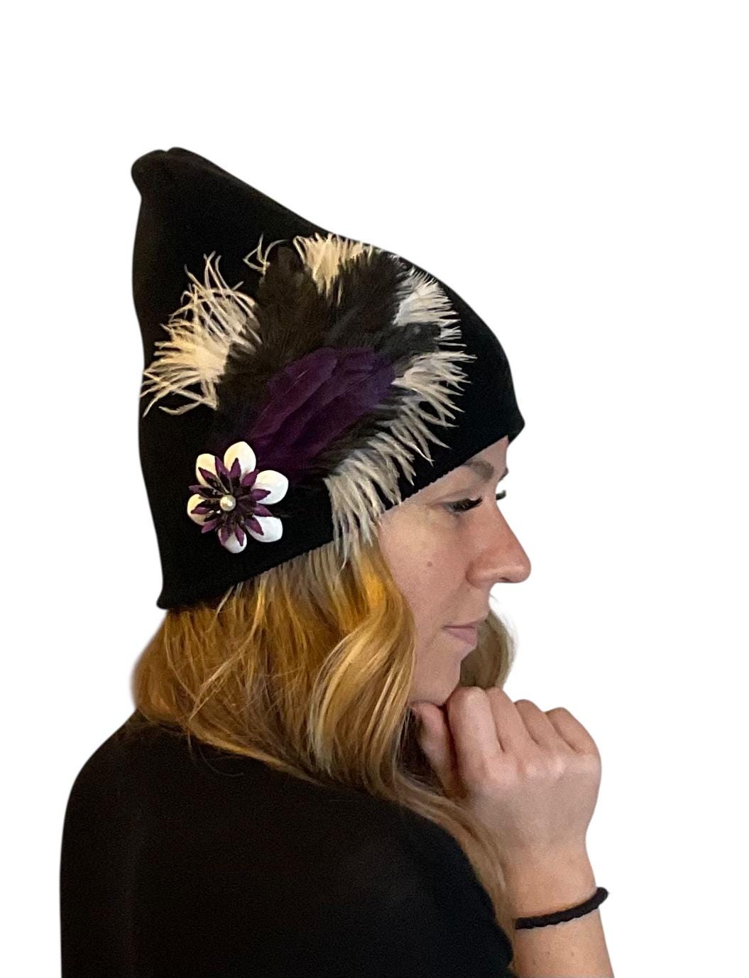 BLACK Embellished Feathered & Jeweled Knit Hat