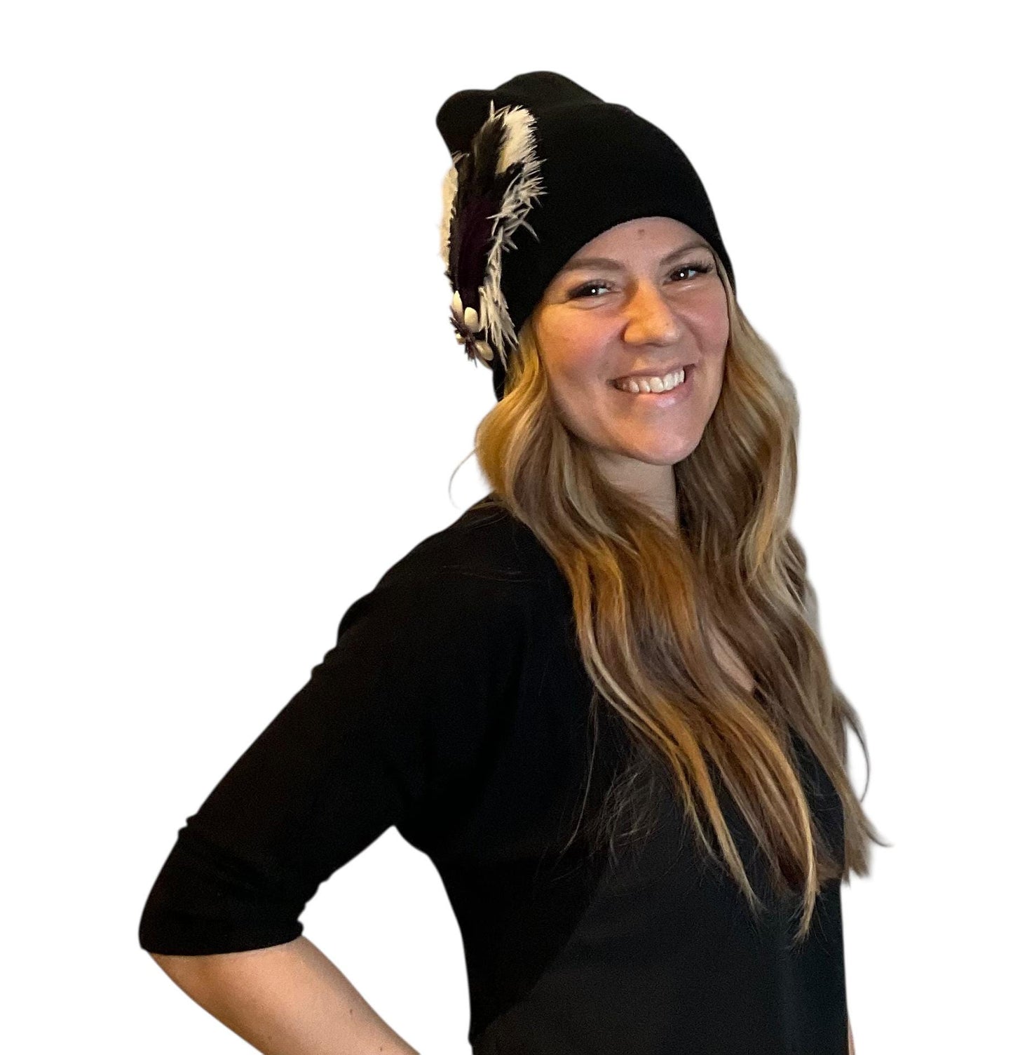 BLACK Embellished Feathered & Jeweled Knit Hat