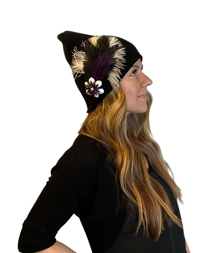 BLACK Embellished Feathered & Jeweled Knit Hat