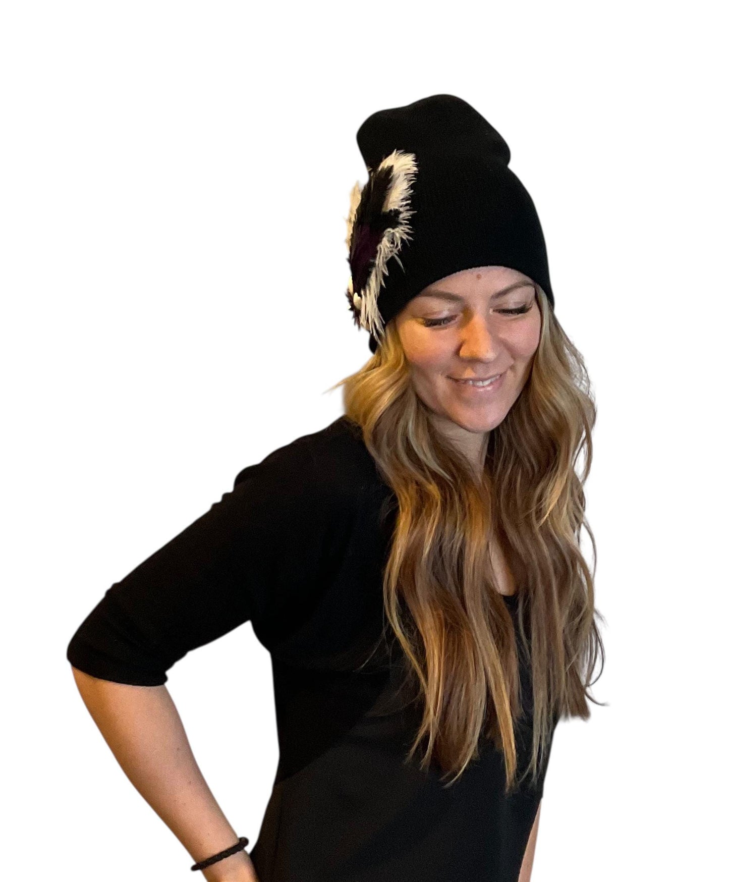 BLACK Embellished Feathered & Jeweled Knit Hat