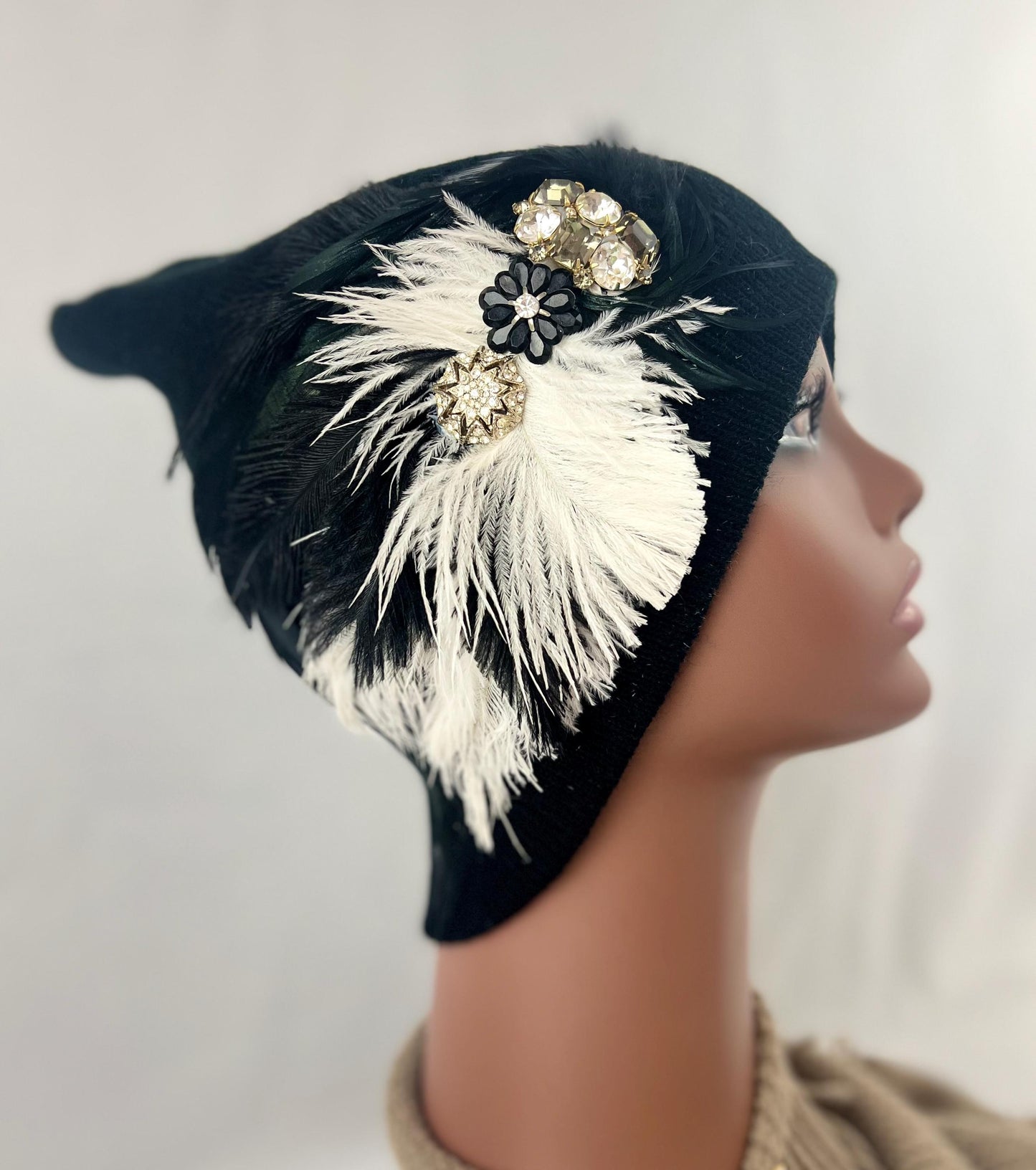 Retro Nights Black Vintage Jeweled & Feathered Fashionable Fancy Winter Hat