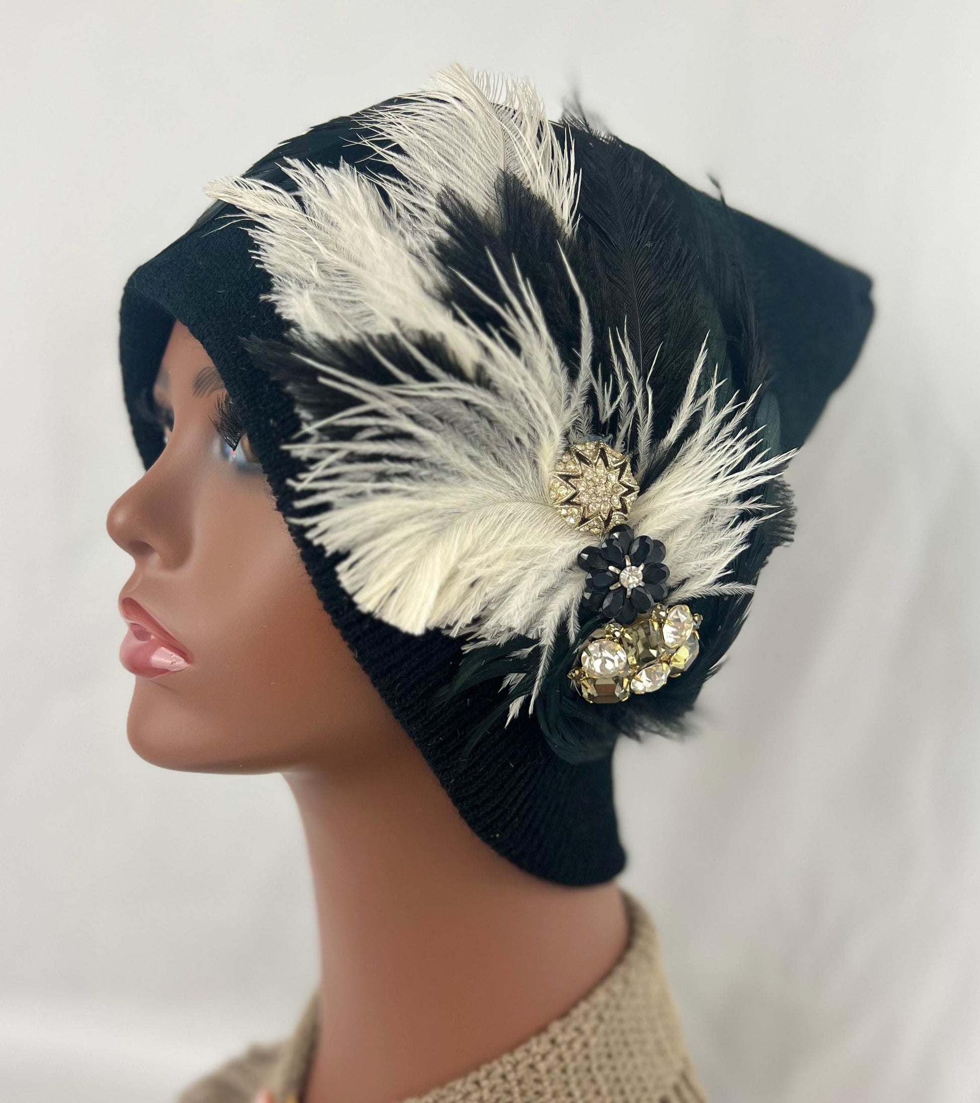 Retro Nights Black Vintage Jeweled & Feathered Fashionable Fancy Winter Hat