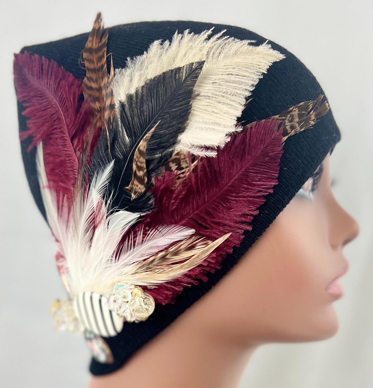 Retro Nights Black Vintage Jeweled & Feathered Fashionable Fancy Winter Hat