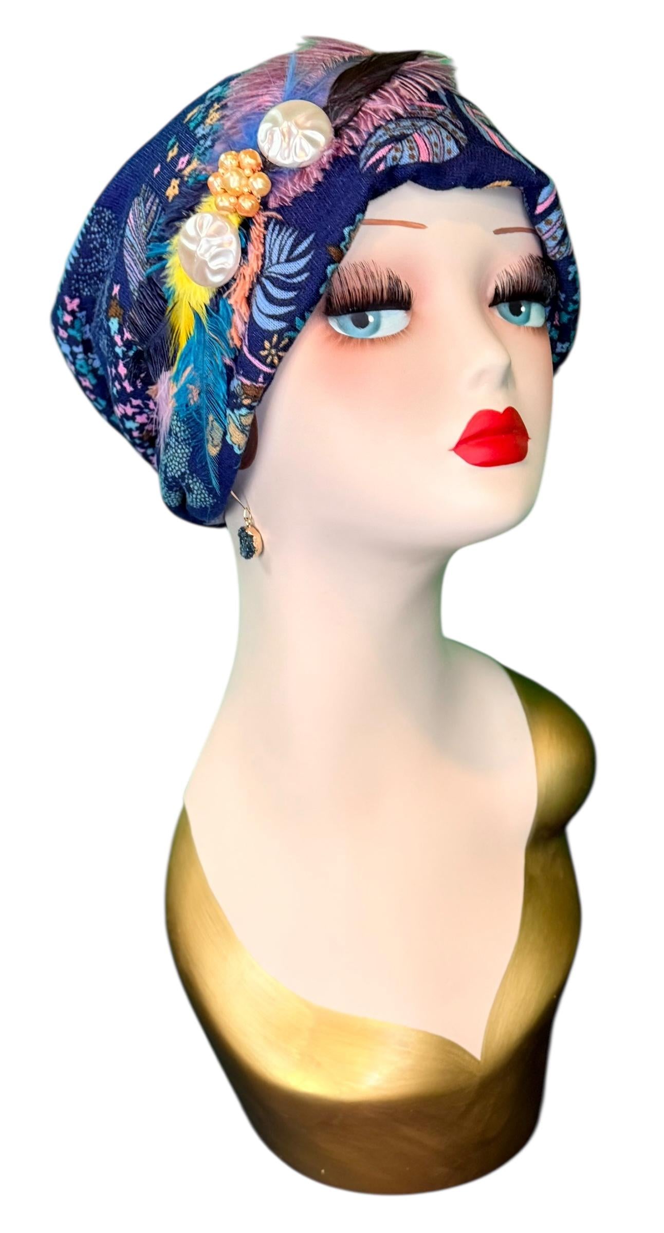 Fancy Feathered Jeweled Knit Hat - Sparkly Winter Flapper Beanie - Luxury Skiing Hat