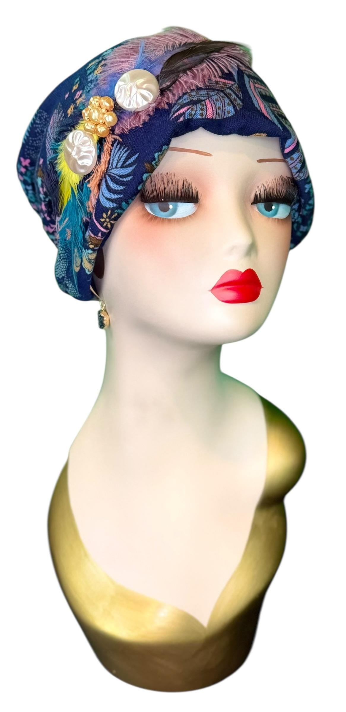 Fancy Feathered Jeweled Knit Hat - Sparkly Winter Flapper Beanie - Luxury Skiing Hat