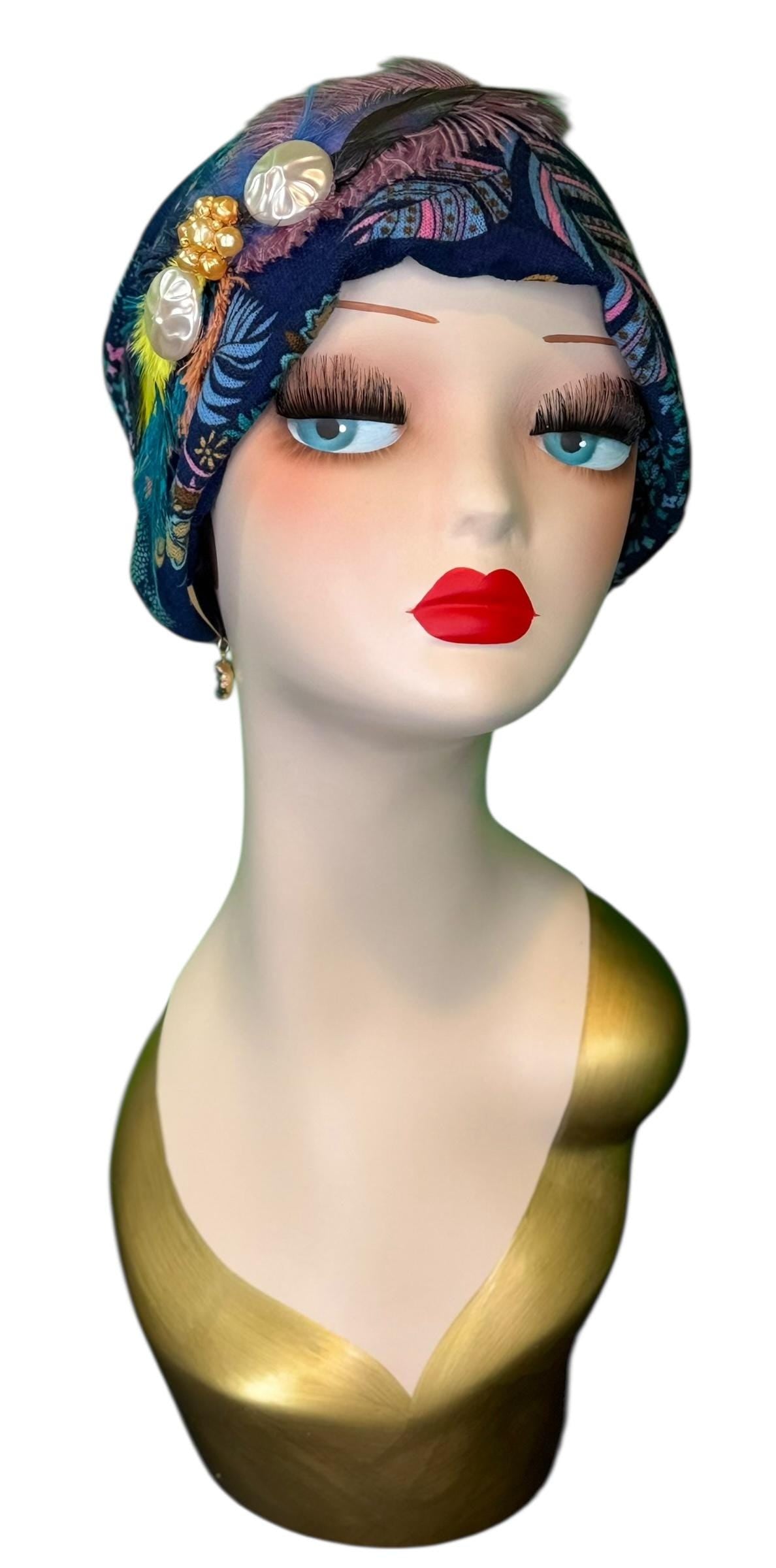 Fancy Feathered Jeweled Knit Hat - Sparkly Winter Flapper Beanie - Luxury Skiing Hat