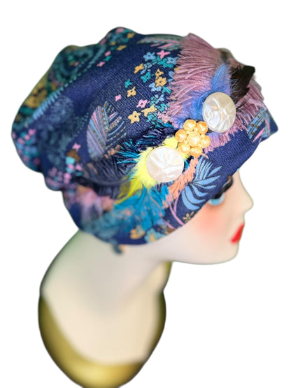 Fancy Feathered Jeweled Knit Hat - Sparkly Winter Flapper Beanie - Luxury Skiing Hat