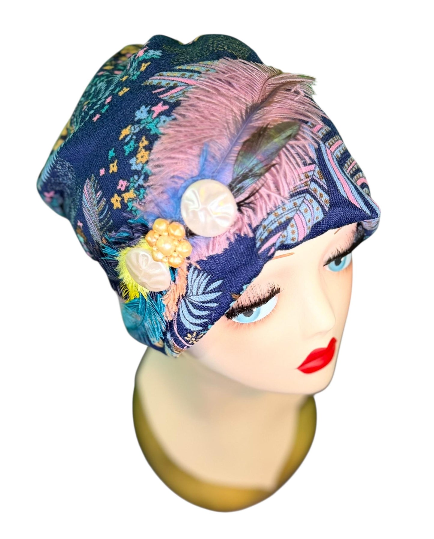 Fancy Feathered Jeweled Knit Hat - Sparkly Winter Flapper Beanie - Luxury Skiing Hat