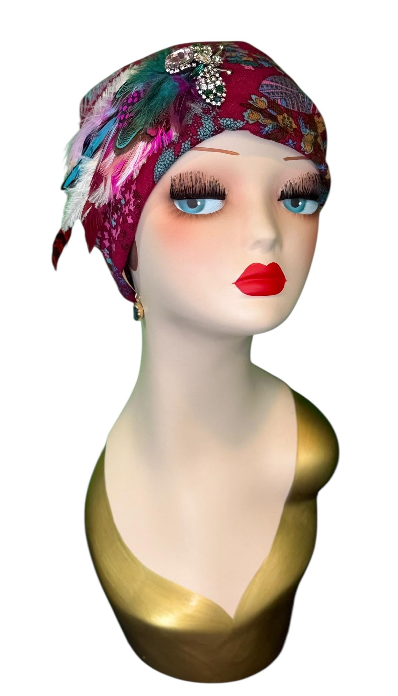 Fancy Feathered Jeweled Knit Hat - Sparkly Winter Flapper Beanie - Luxury Skiing Hat