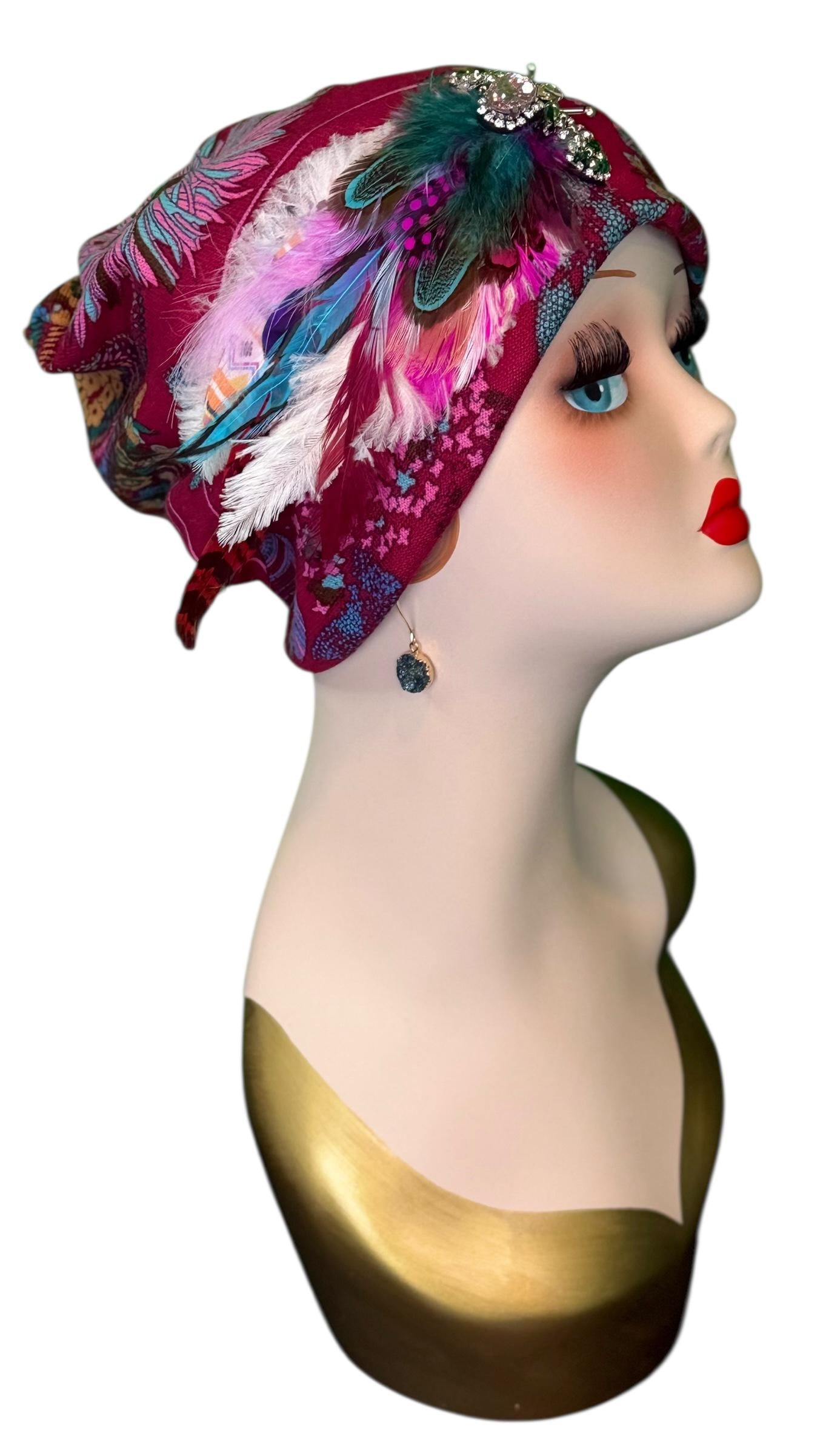 Fancy Feathered Jeweled Knit Hat - Sparkly Winter Flapper Beanie - Luxury Skiing Hat