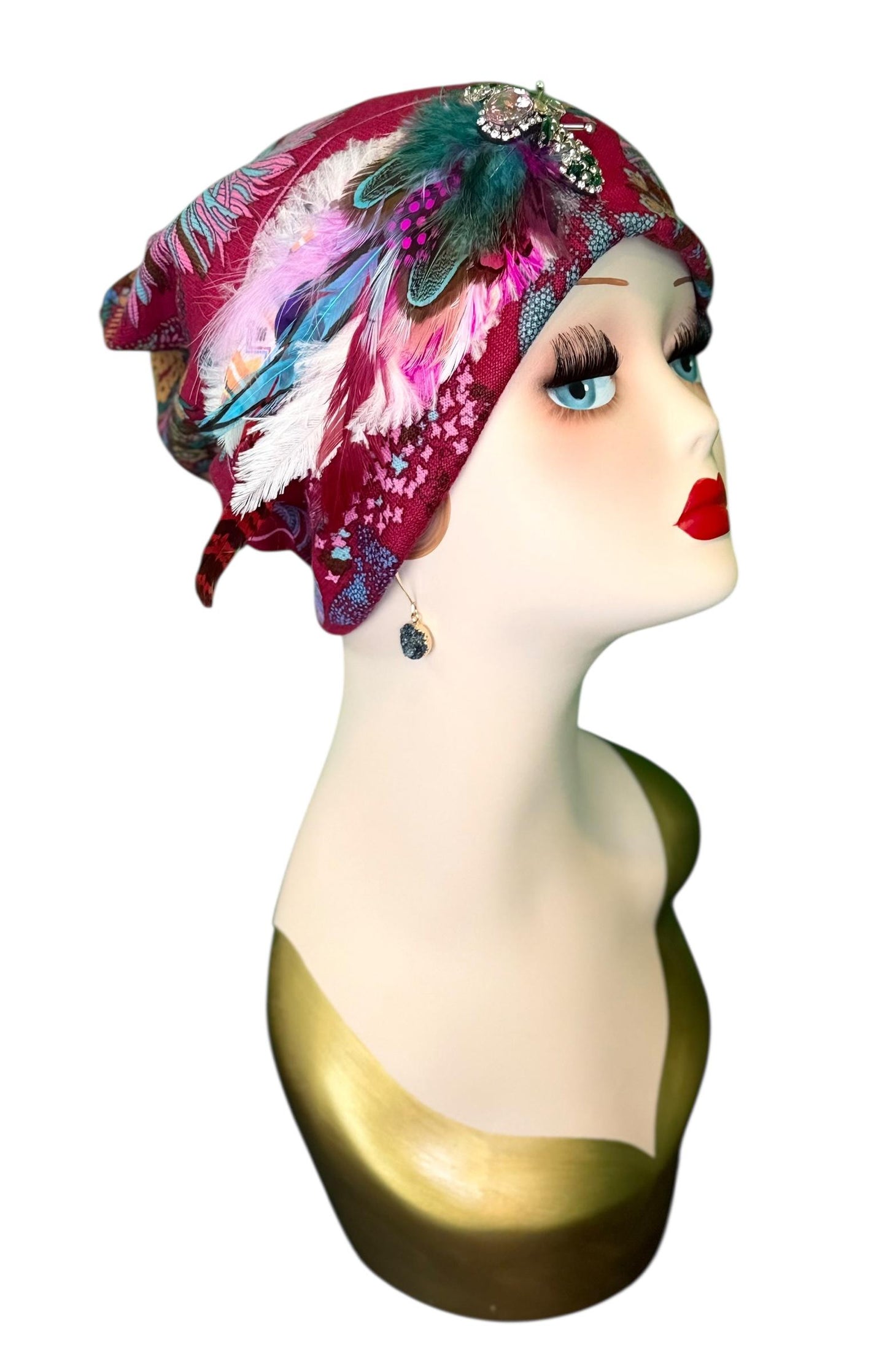 Fancy Feathered Jeweled Knit Hat - Sparkly Winter Flapper Beanie - Luxury Skiing Hat