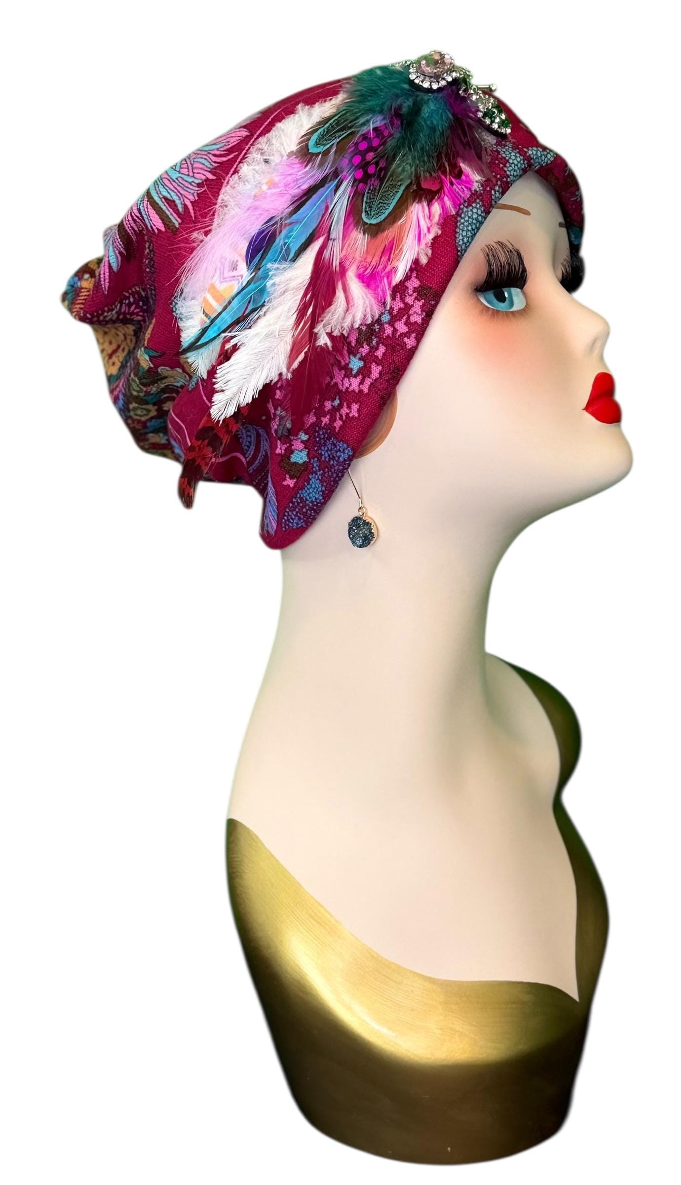 Fancy Feathered Jeweled Knit Hat - Sparkly Winter Flapper Beanie - Luxury Skiing Hat