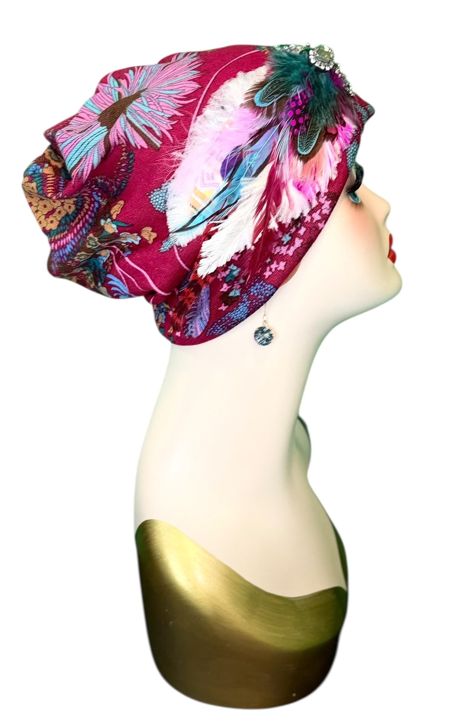 Fancy Feathered Jeweled Knit Hat - Sparkly Winter Flapper Beanie - Luxury Skiing Hat