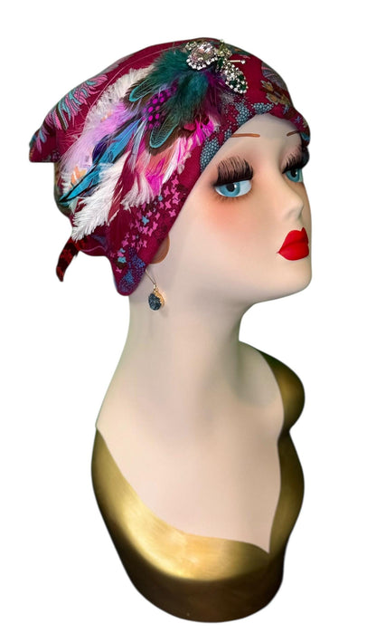 Fancy Feathered Jeweled Knit Hat - Sparkly Winter Flapper Beanie - Luxury Skiing Hat