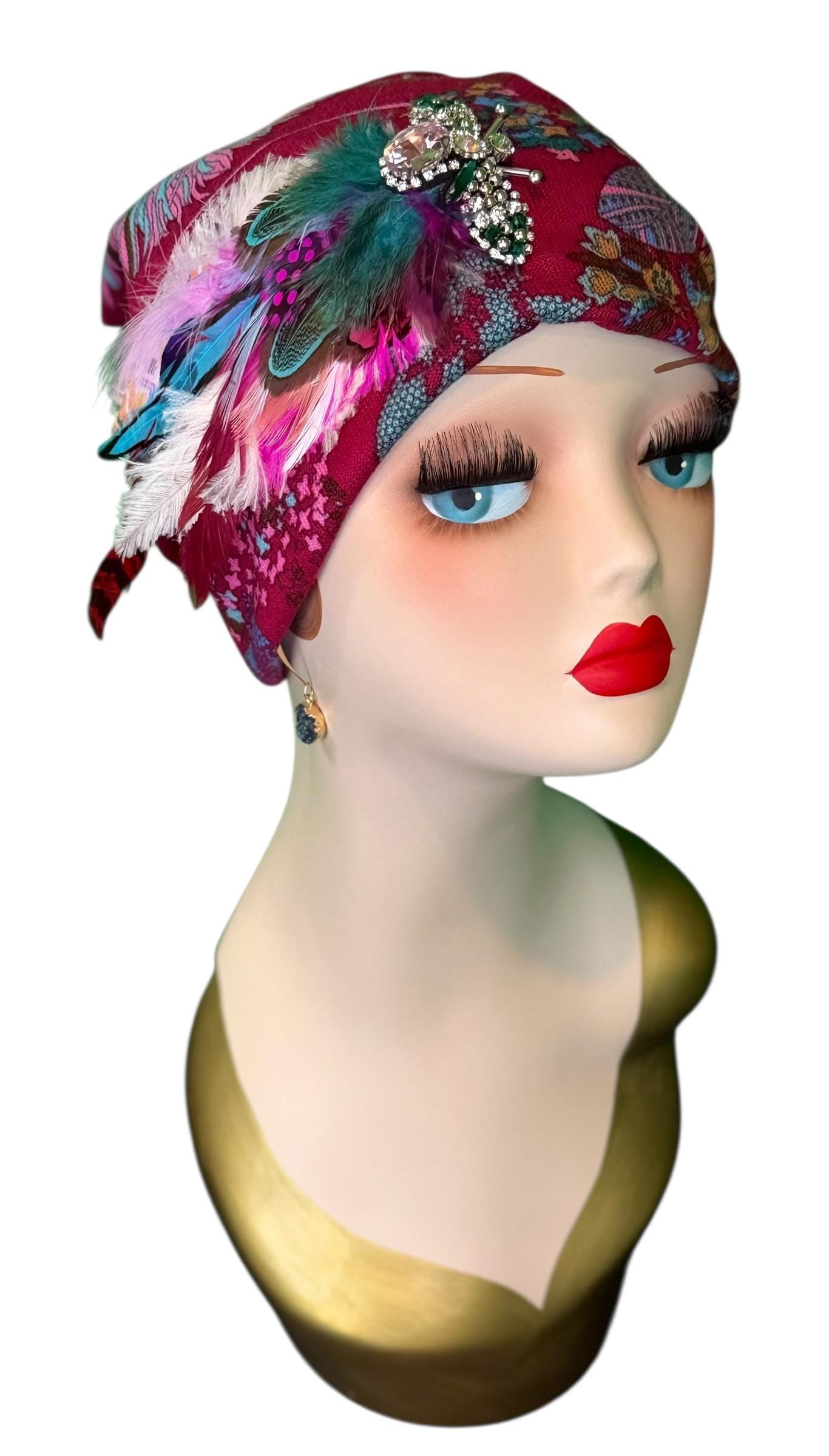 Fancy Feathered Jeweled Knit Hat - Sparkly Winter Flapper Beanie - Luxury Skiing Hat