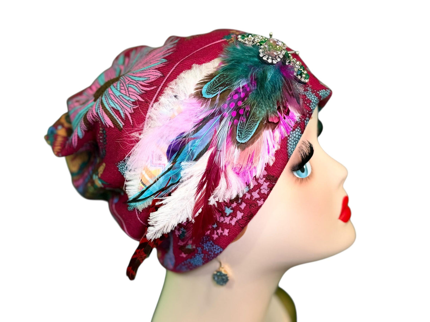 Fancy Feathered Jeweled Knit Hat - Sparkly Winter Flapper Beanie - Luxury Skiing Hat