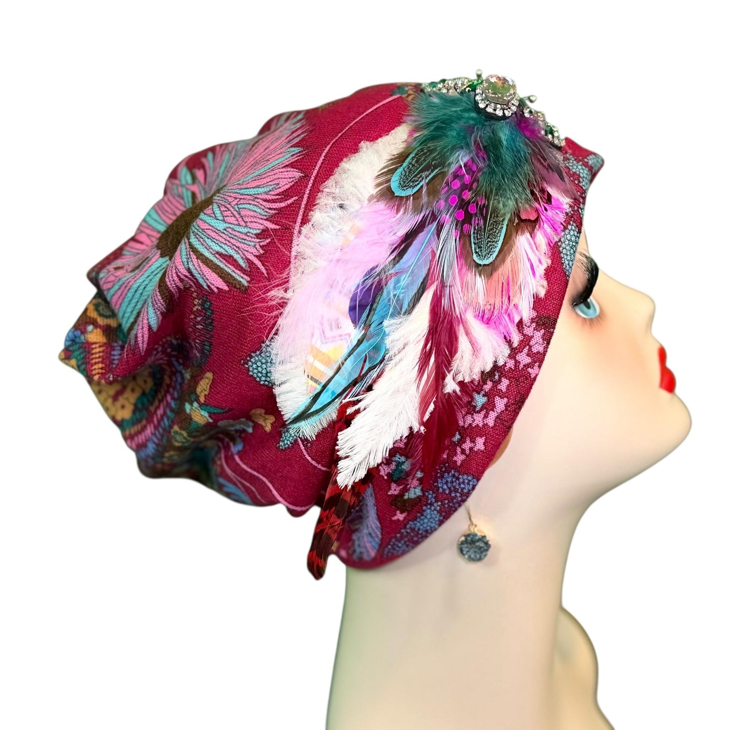 Fancy Feathered Jeweled Knit Hat - Sparkly Winter Flapper Beanie - Luxury Skiing Hat