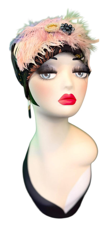 Fancy Feathered Jeweled Knit Hat - Sparkly Winter Flapper Beanie - Luxury Skiing Hat