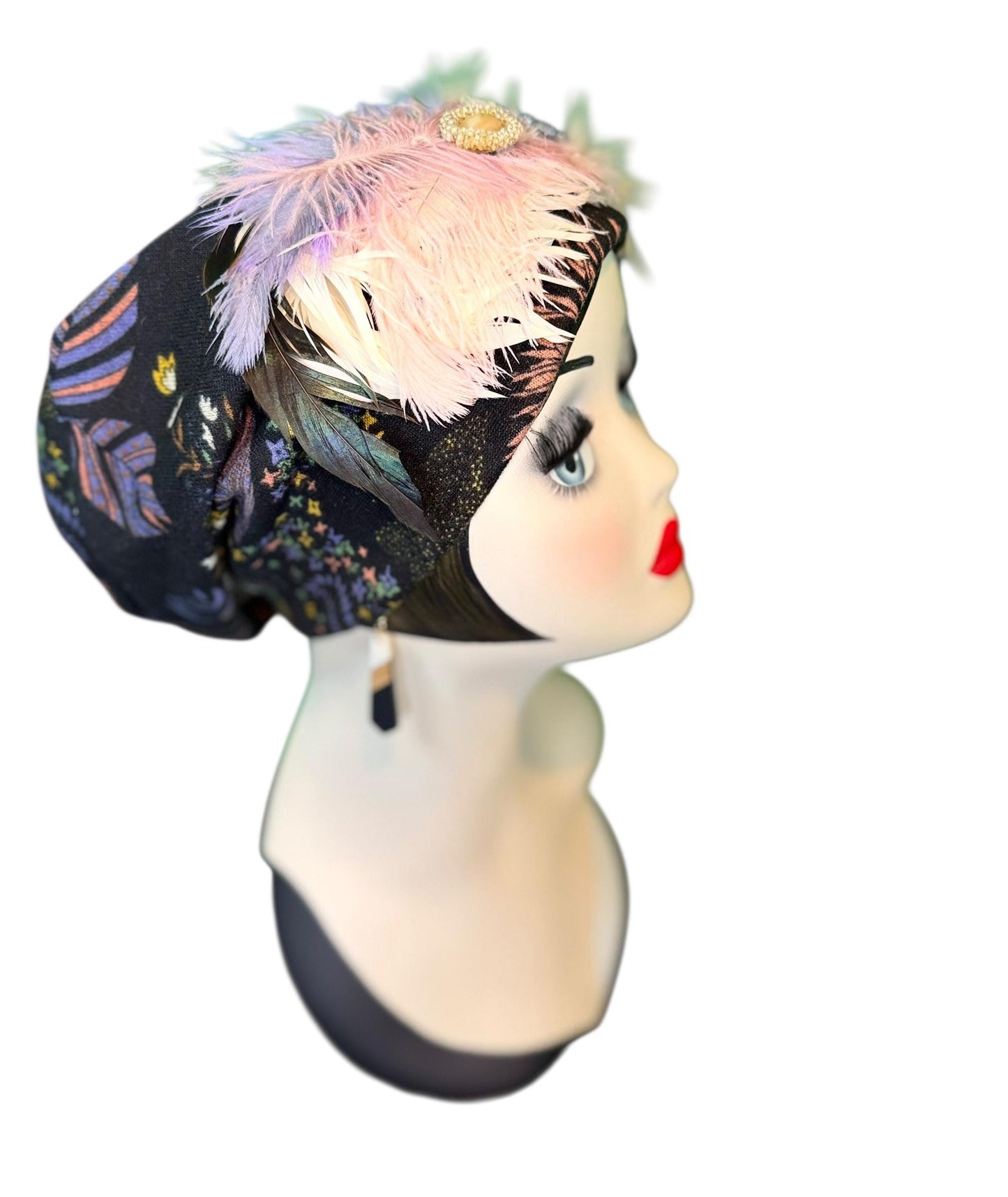 Fancy Feathered Jeweled Knit Hat - Sparkly Winter Flapper Beanie - Luxury Skiing Hat