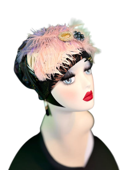 Fancy Feathered Jeweled Knit Hat - Sparkly Winter Flapper Beanie - Luxury Skiing Hat