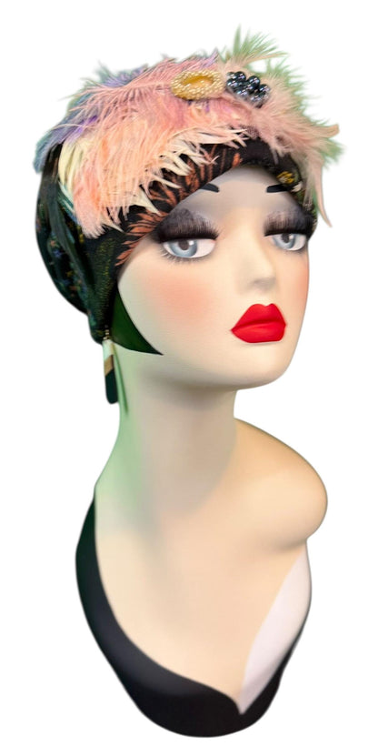 Fancy Feathered Jeweled Knit Hat - Sparkly Winter Flapper Beanie - Luxury Skiing Hat