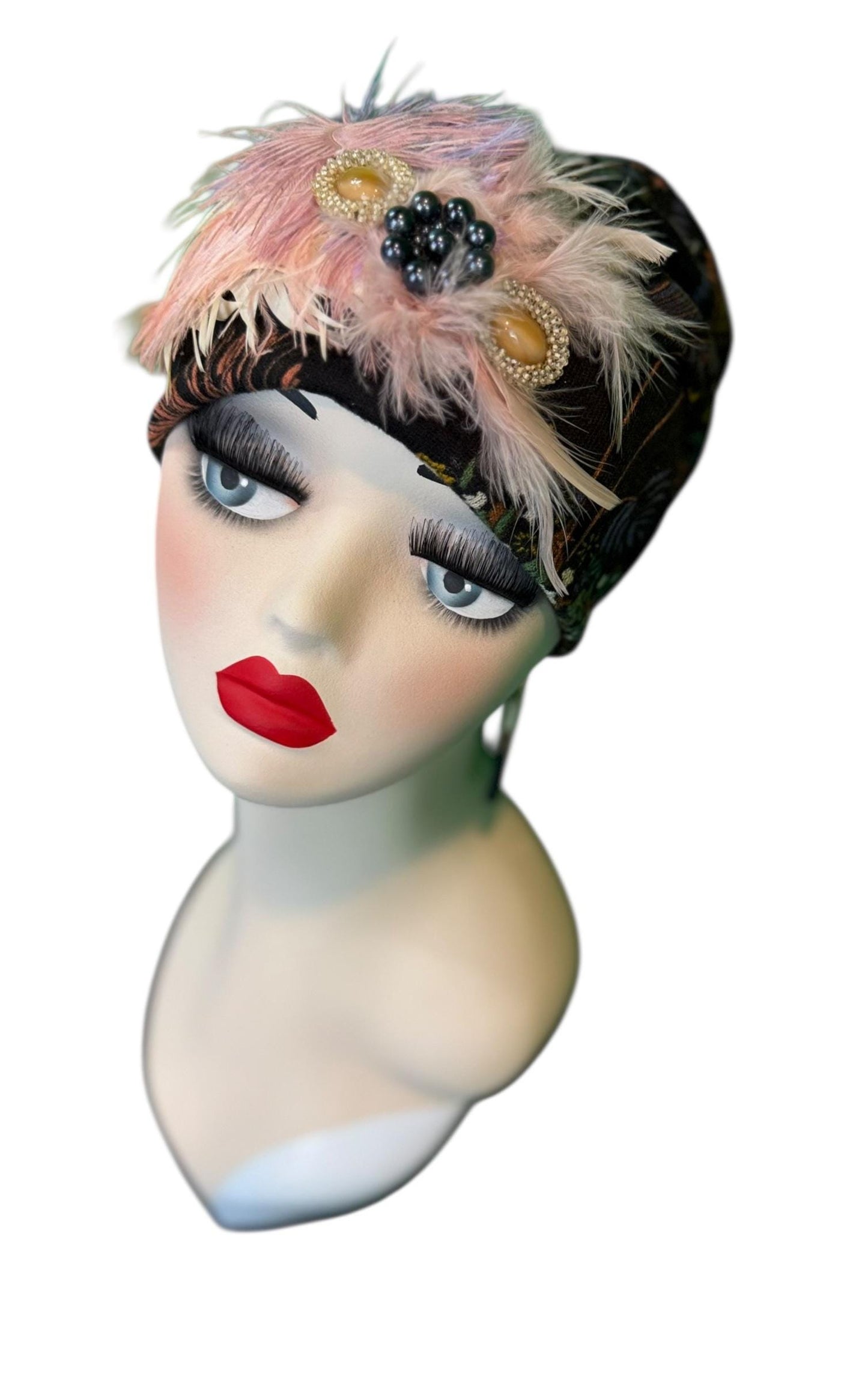 Fancy Feathered Jeweled Knit Hat - Sparkly Winter Flapper Beanie - Luxury Skiing Hat